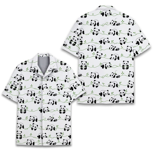 White panda hawaiian shirt with green vines, front view