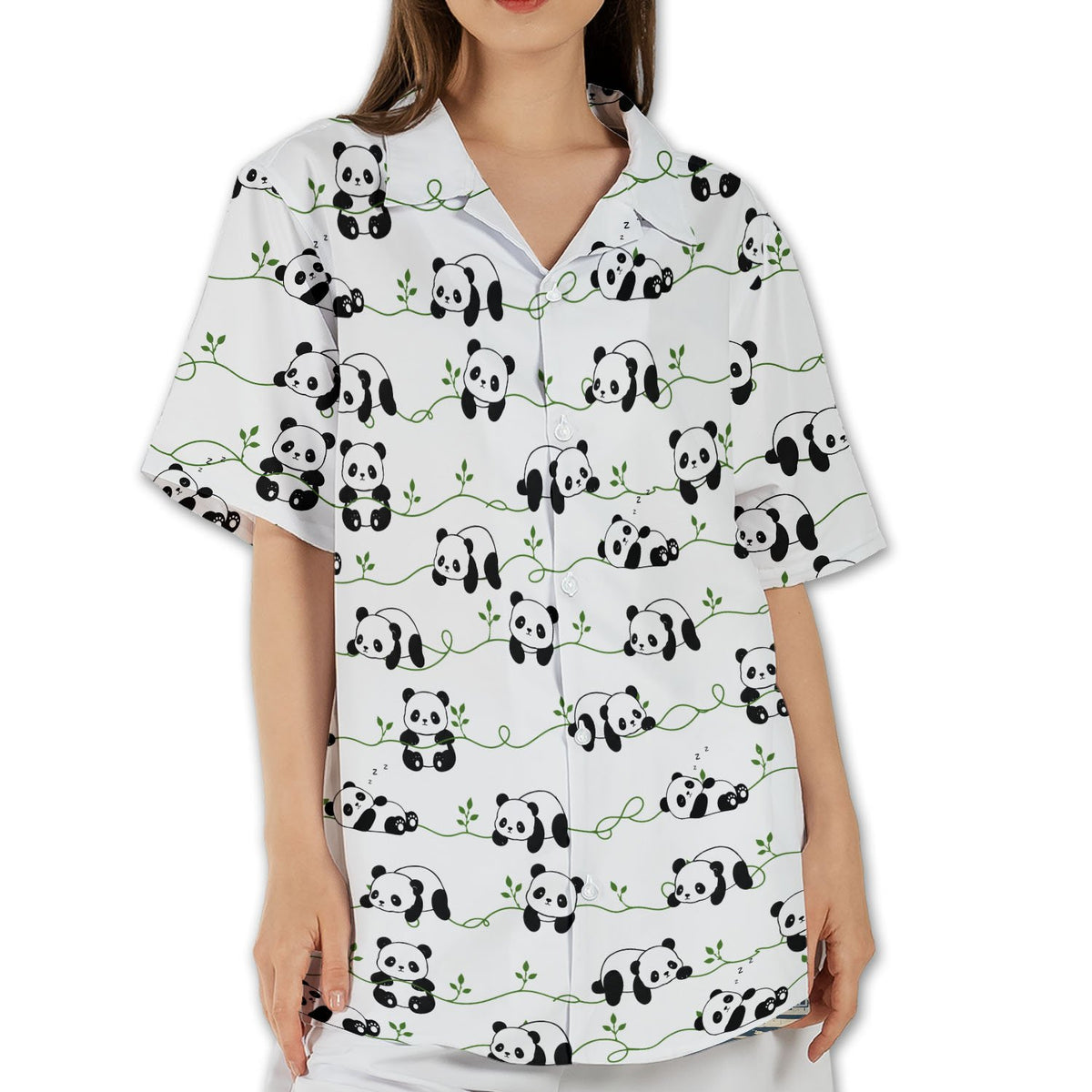 Person wearing matching family hawaiian shirts with panda design, lifestyle view 7