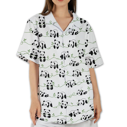 Person wearing matching family hawaiian shirts with panda design, lifestyle view 7