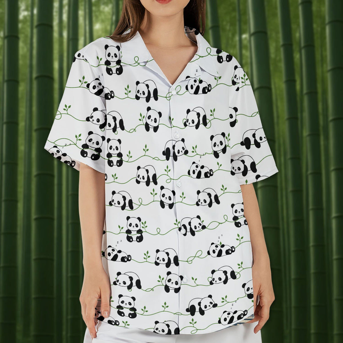 Person wearing matching family hawaiian shirts with panda design, lifestyle view 8