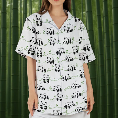 Person wearing matching family hawaiian shirts with panda design, lifestyle view 8