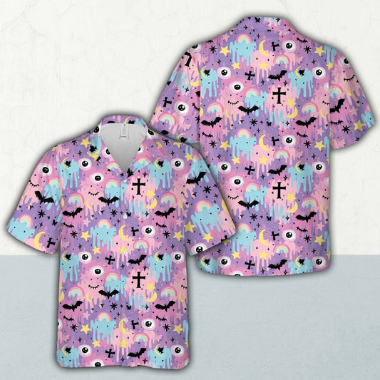 Matching hawaiian family shirts with pastel goth Halloween design, main view