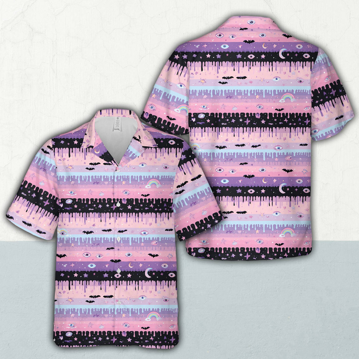 Another front view of the pastel goth Halloween matching family Hawaiian shirt
