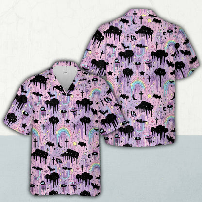 Detailed front view of the pastel goth Halloween matching family Hawaiian shirt