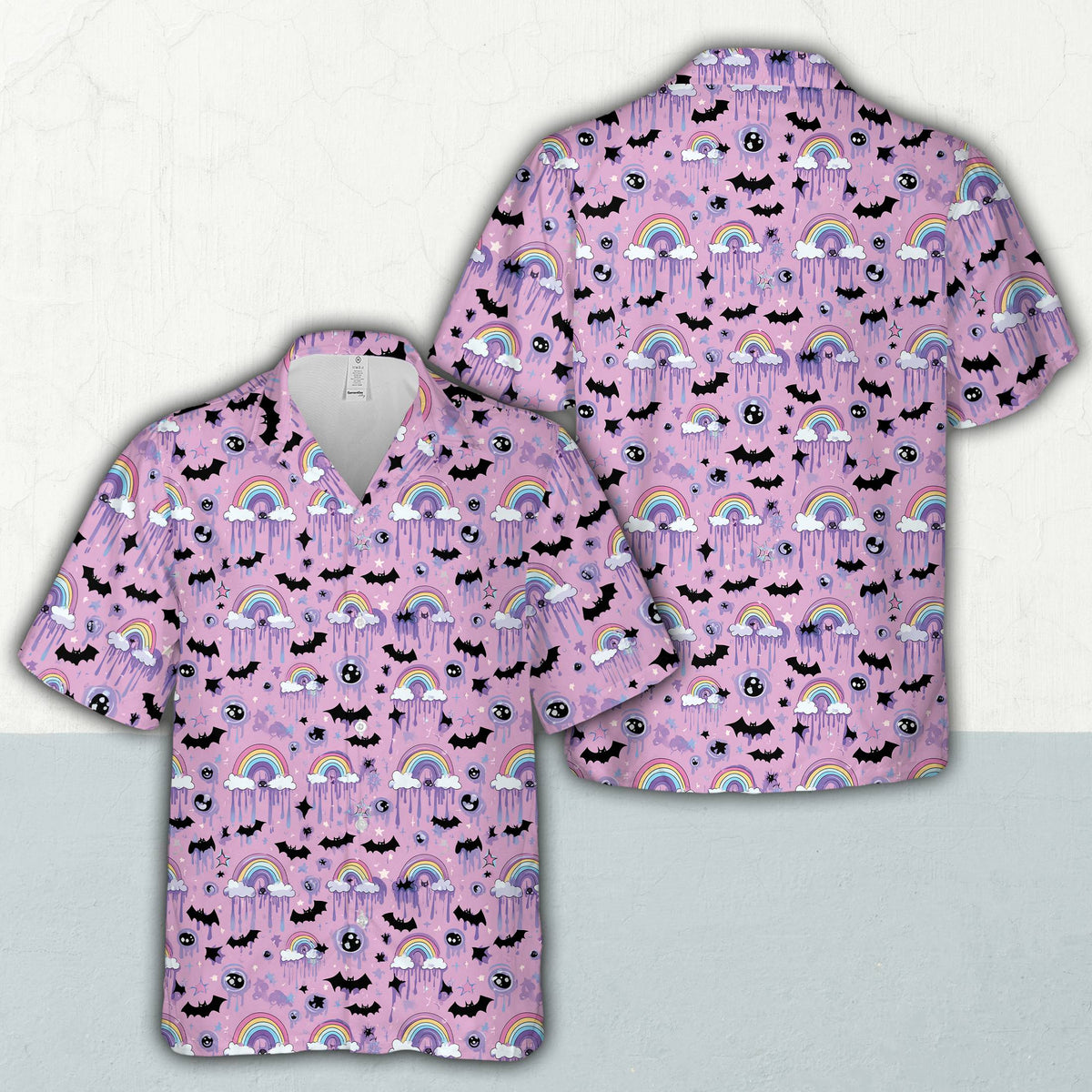 Close up front view of the pastel goth Halloween matching family Hawaiian shirt