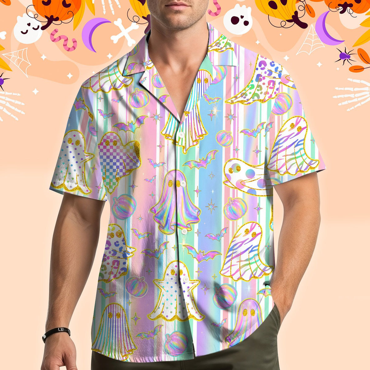 Back view of multicolor pastel halloween hawaiian shirt, alternate angle