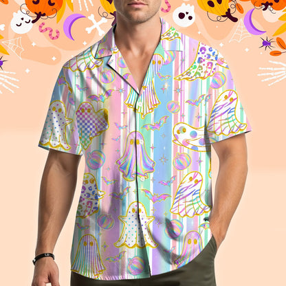 Back view of multicolor pastel halloween hawaiian shirt, alternate angle