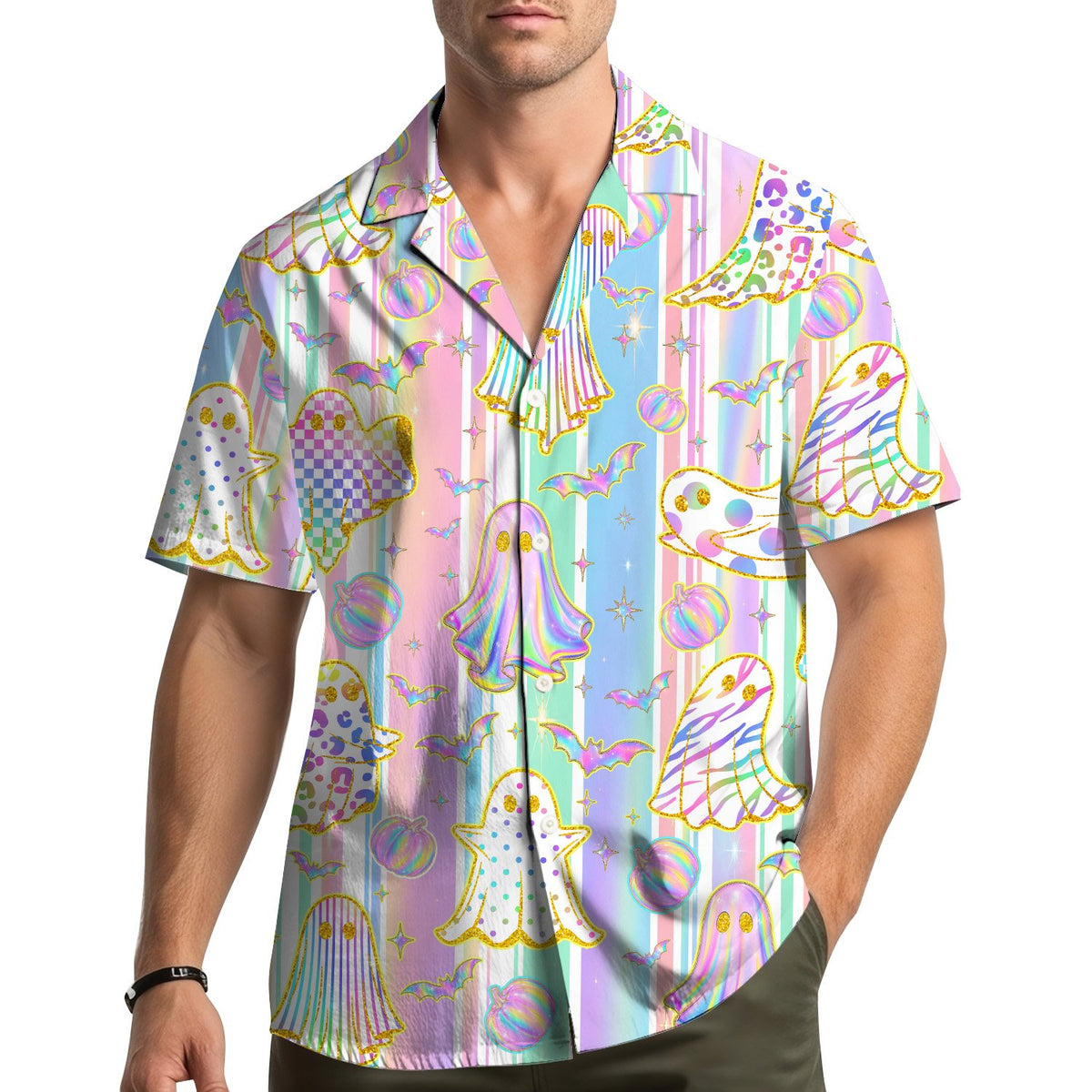 Back view of pastel hawaiian shirt with ghosts and pumpkins
