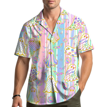 Back view of pastel hawaiian shirt with ghosts and pumpkins