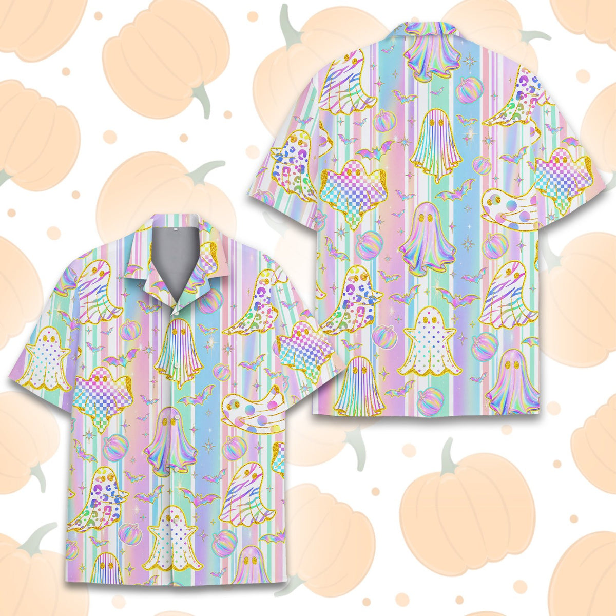 Front view of pastel halloween hawaiian shirt, alternate angle