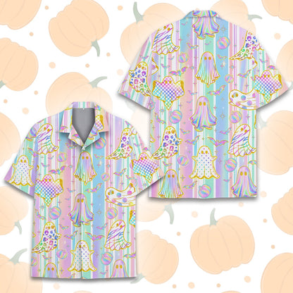 Front view of pastel halloween hawaiian shirt, alternate angle