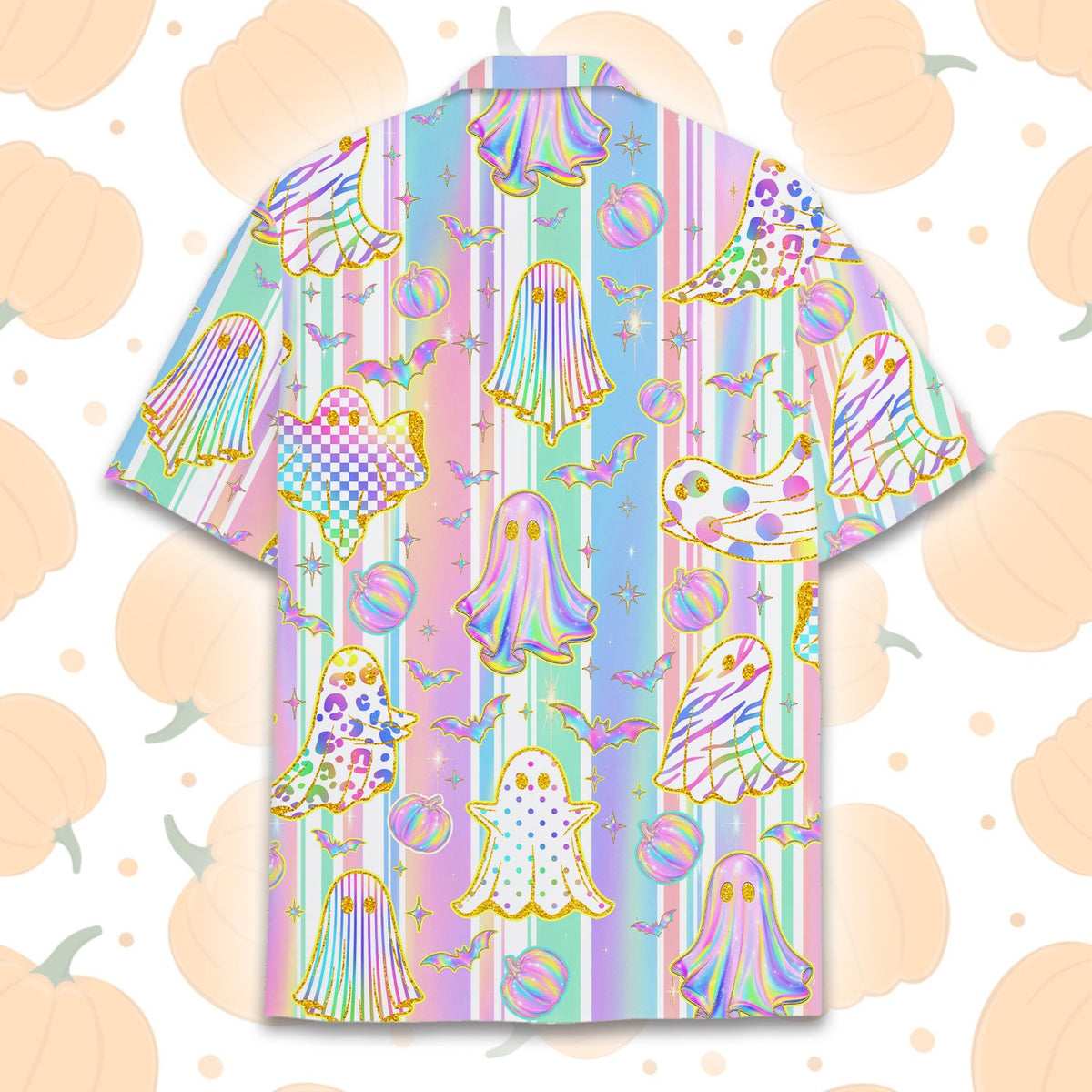 Front view of matching family hawaiian shirts in pastel halloween design