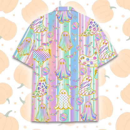 Front view of matching family hawaiian shirts in pastel halloween design