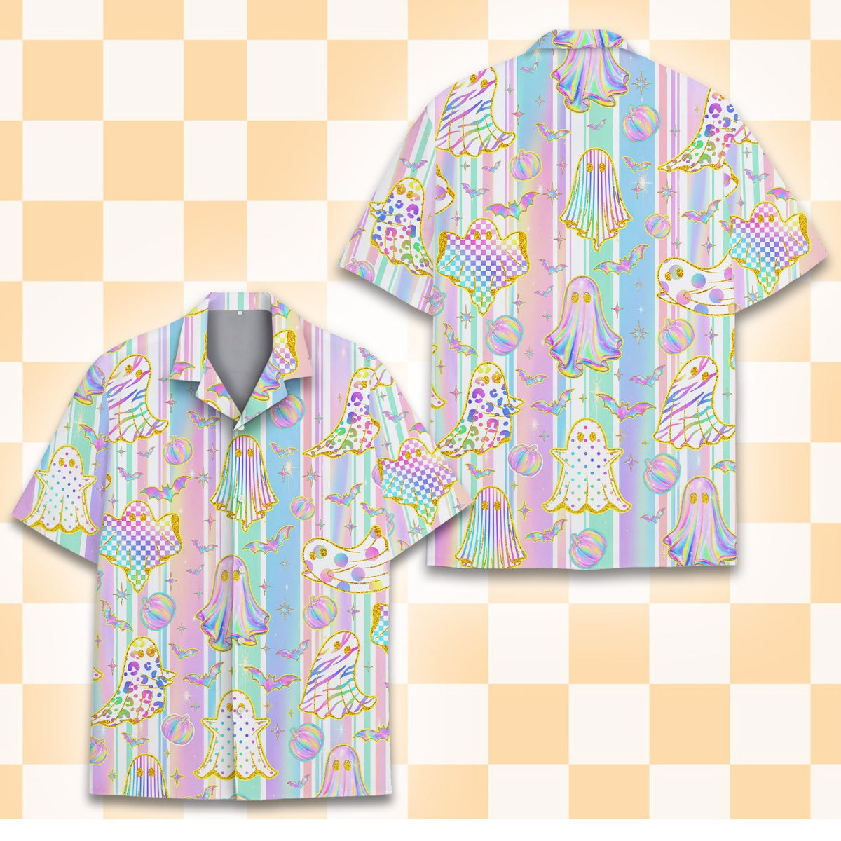 Pastel hawaiian shirt with halloween ghost and pumpkin pattern, main view
