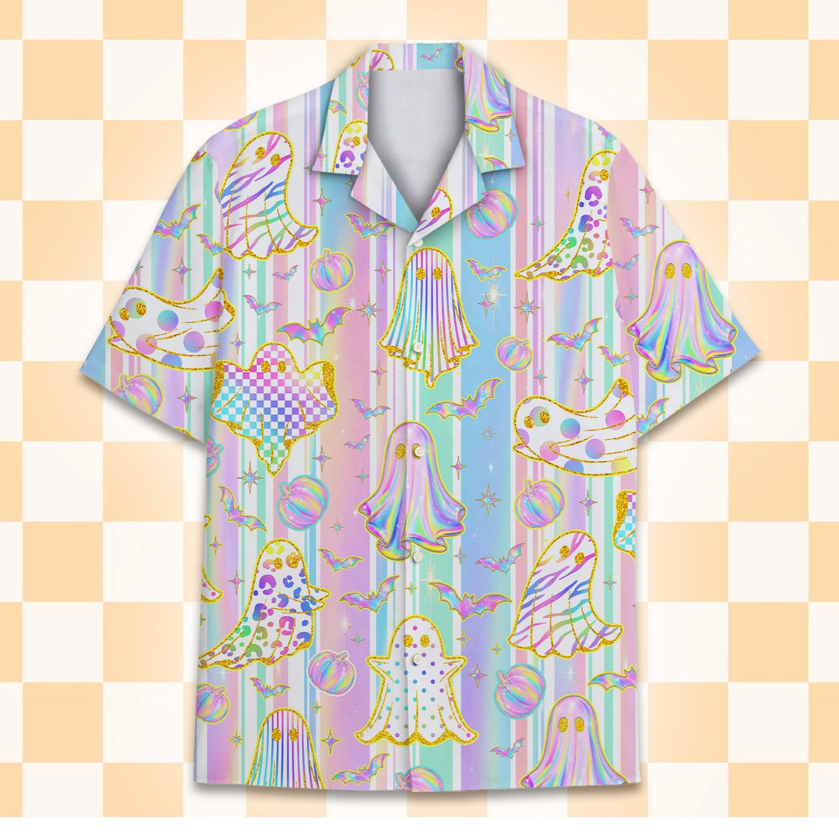 Lifestyle view of pastel halloween hawaiian shirt being worn outdoors