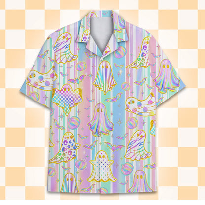 Lifestyle view of pastel halloween hawaiian shirt being worn outdoors