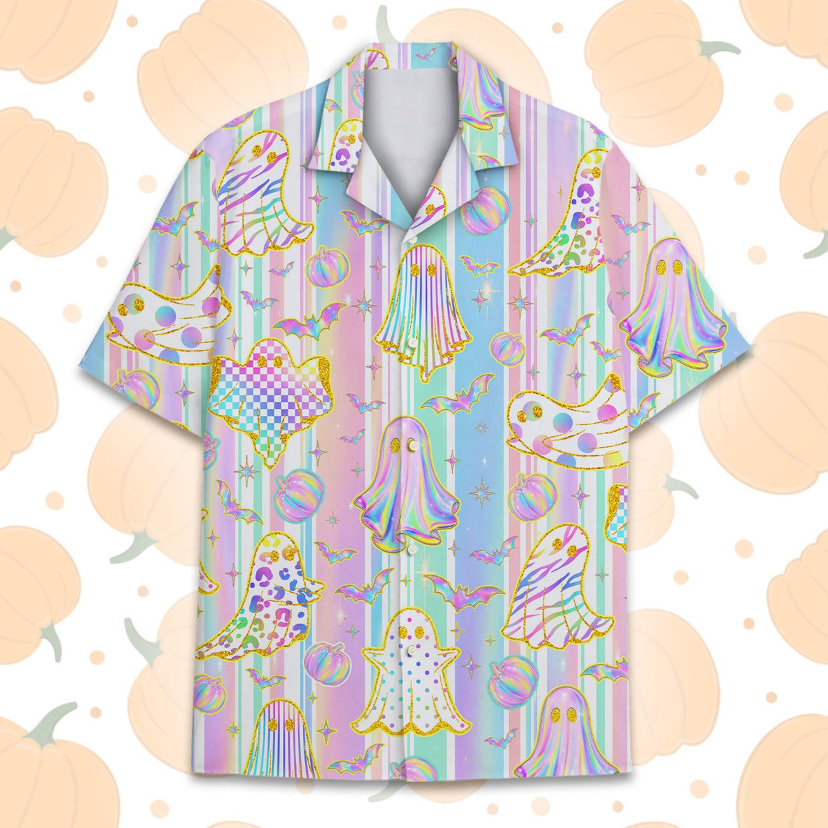 Lifestyle view of adult wearing pastel hawaiian shirt