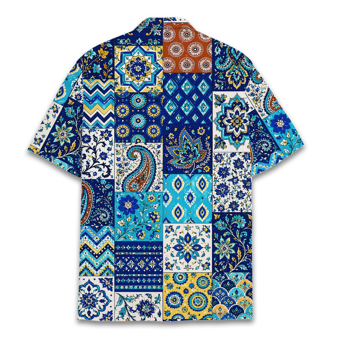 Back view of the blue patchwork hawaiian shirt