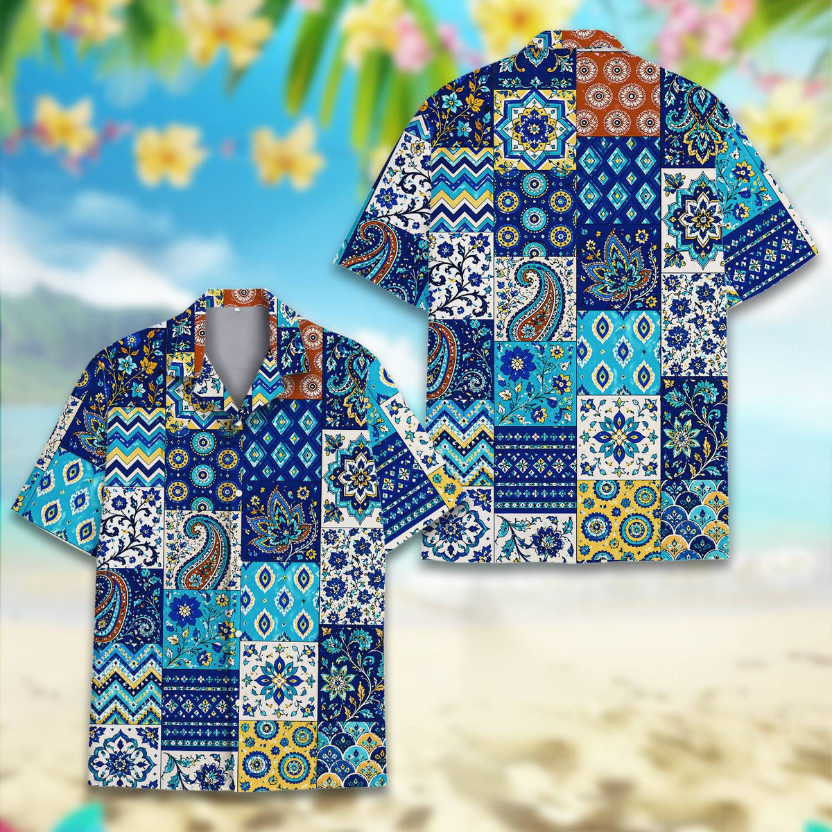 Another front view of the blue patchwork hawaiian shirt