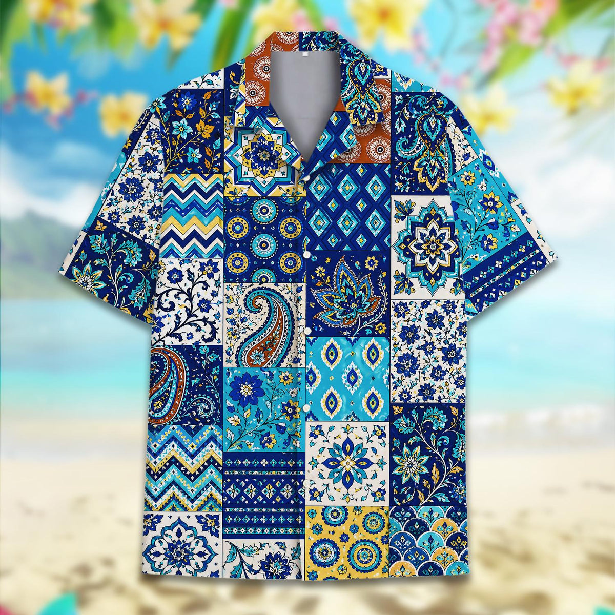 Detailed front view of the patchwork hawaiian shirt pattern