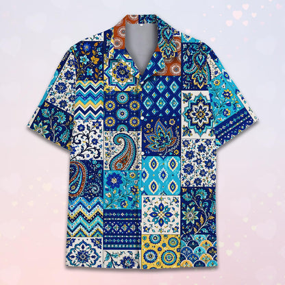 Close-up front view of the blue and yellow floral patchwork shirt