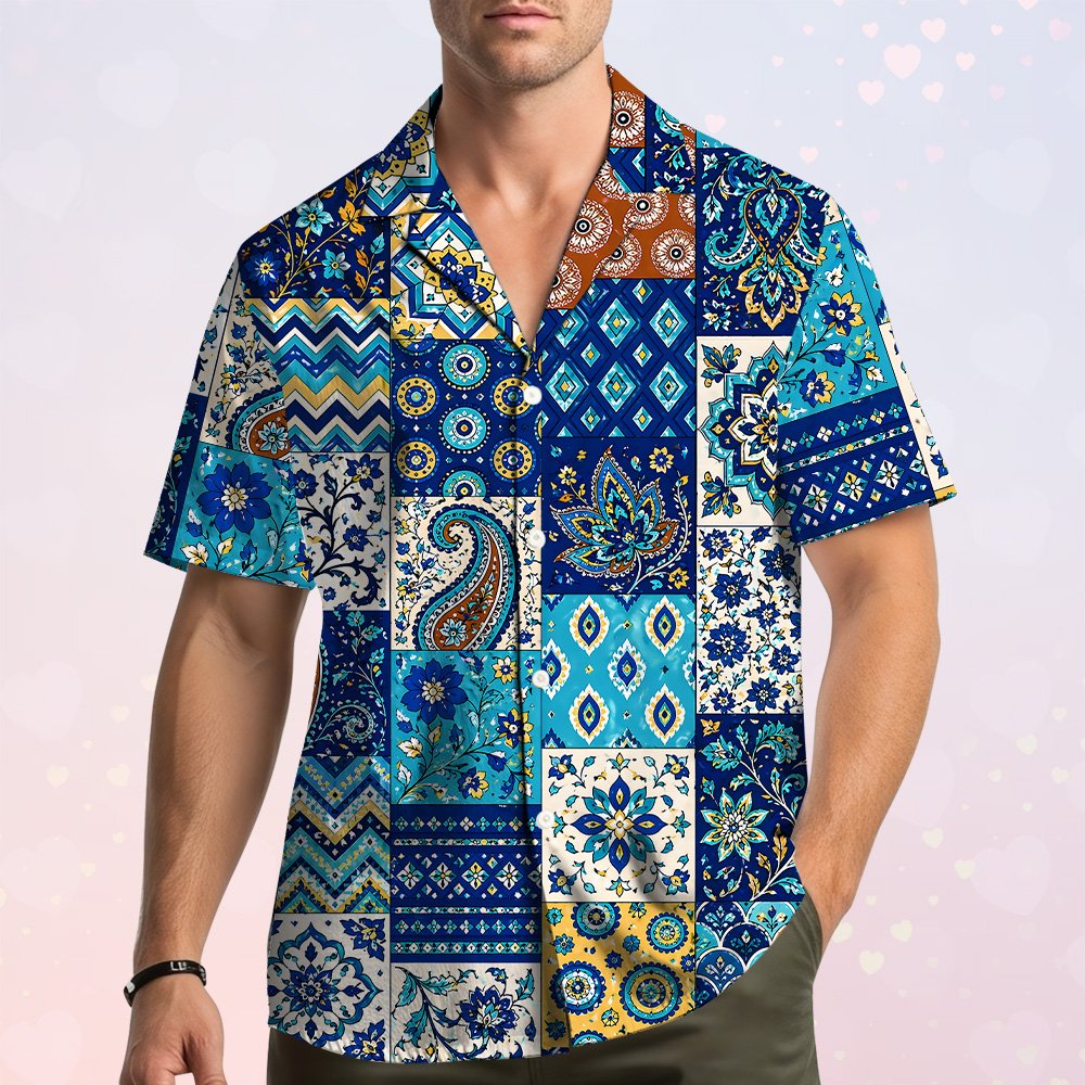 Third lifestyle view showing the patchwork hawaiian shirt outdoors