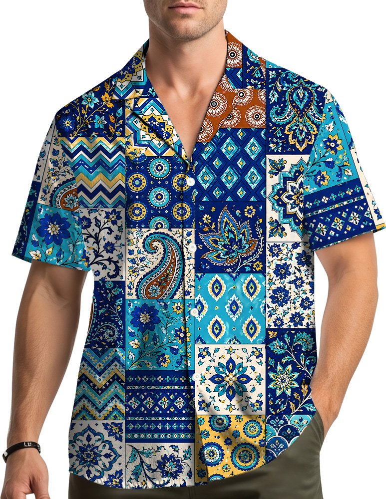 Lifestyle view of someone wearing the matching family hawaiian shirts
