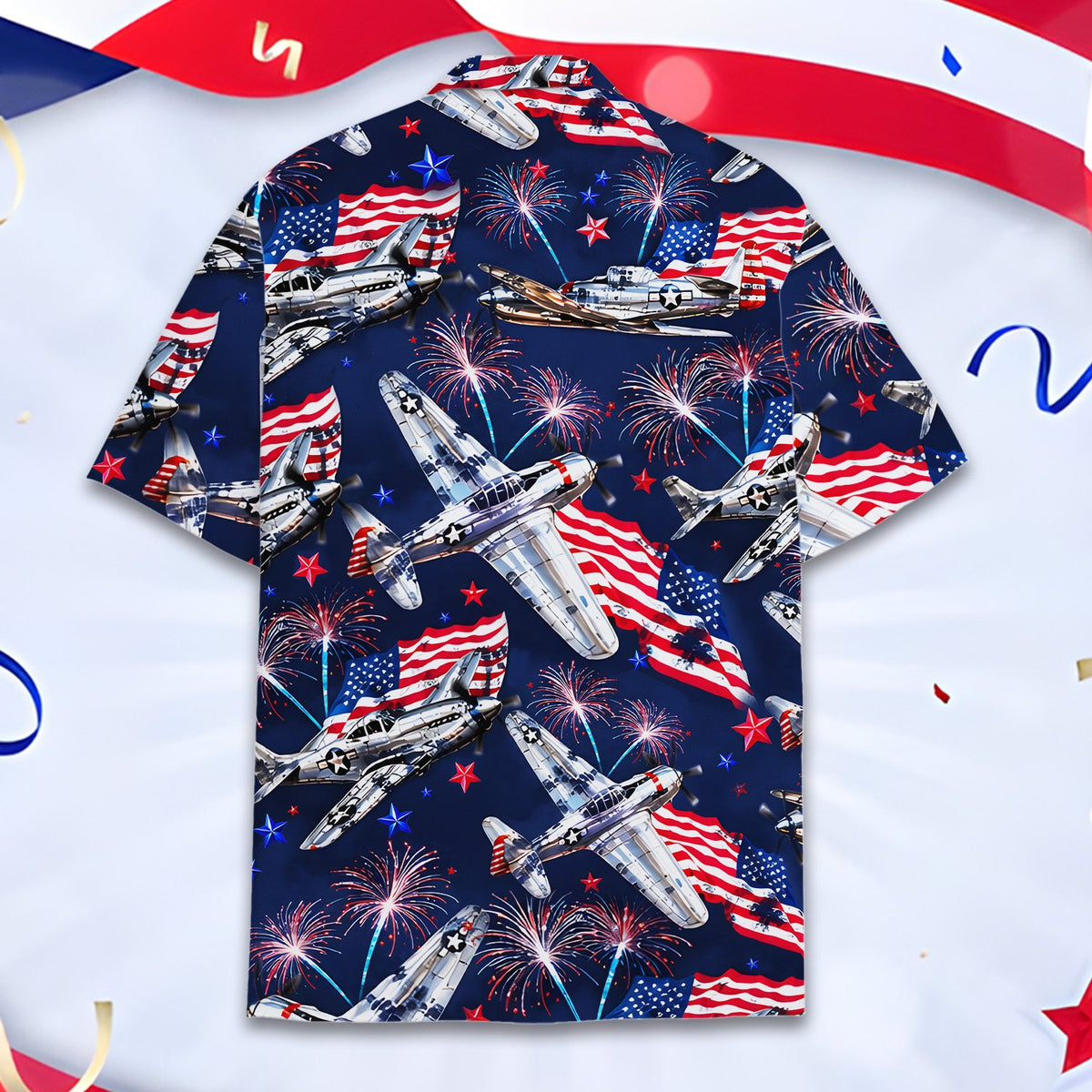 Detailed back view showing the vibrant fireworks and planes design