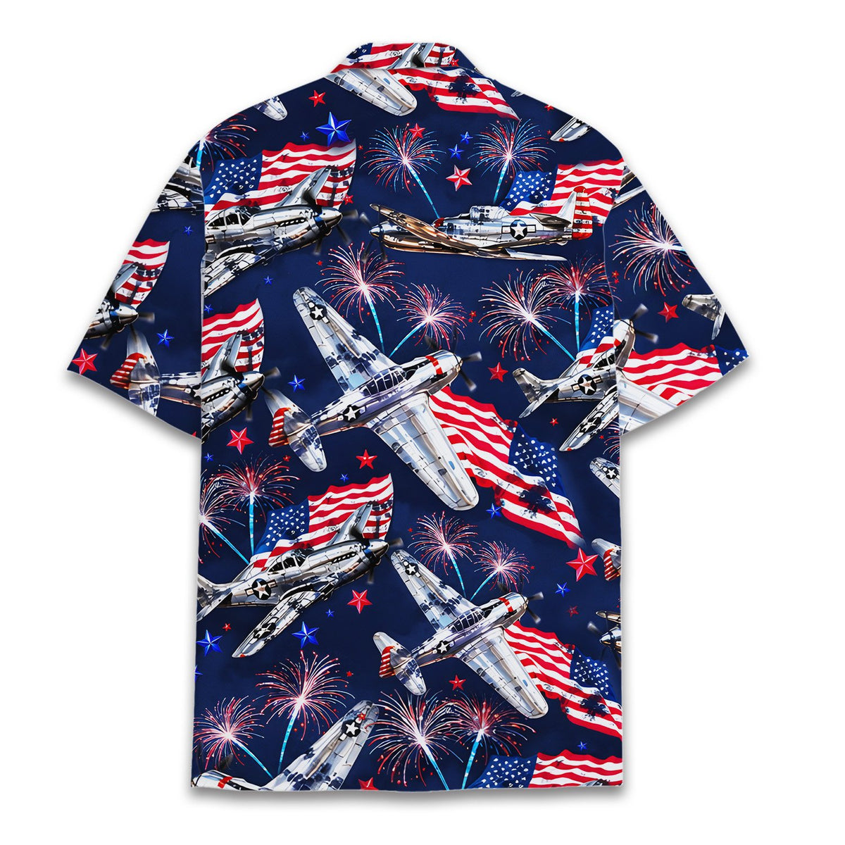 Back view of the patriotic aviation hawaiian shirt