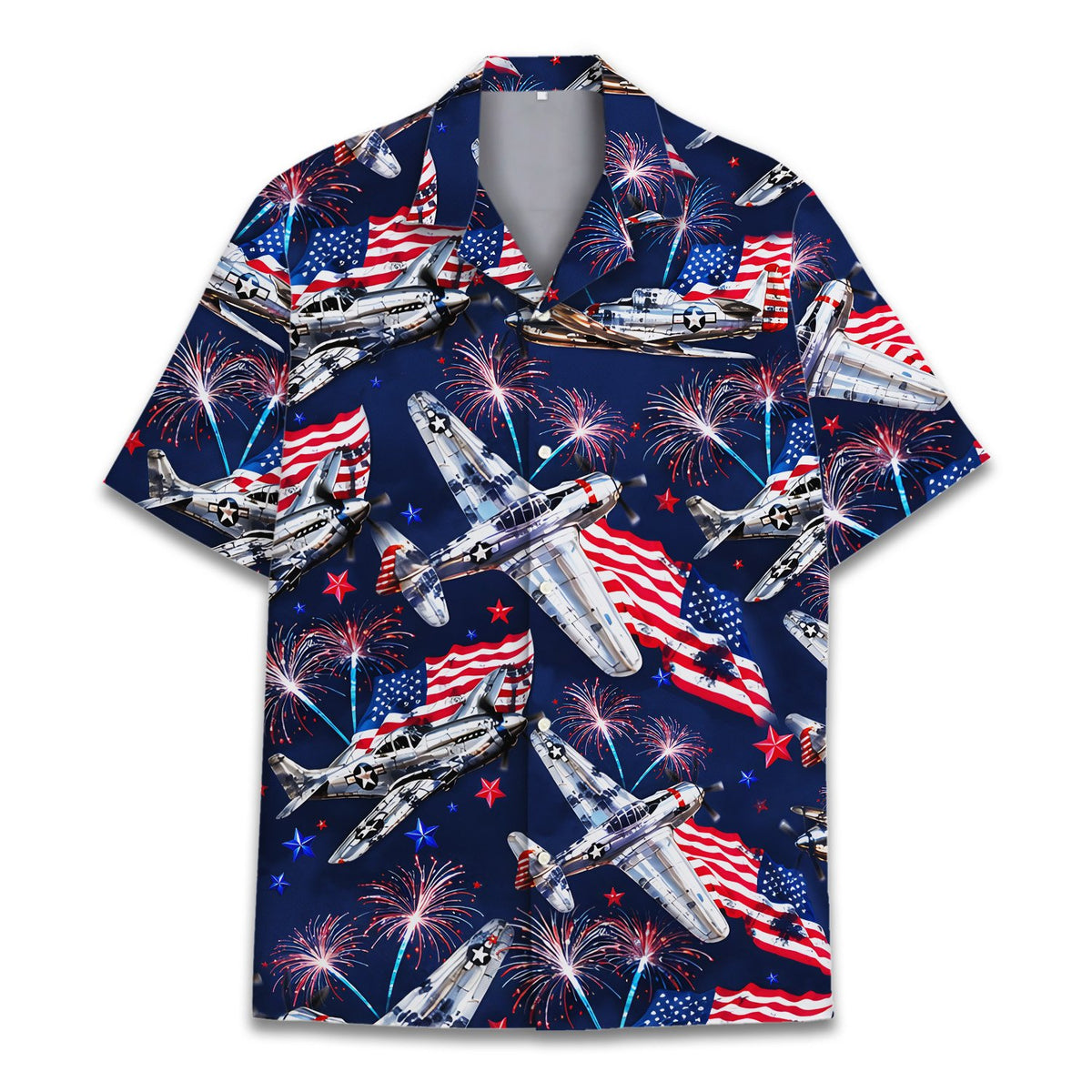 Another front view of the patriotic aviation hawaiian shirt showing the all-over print