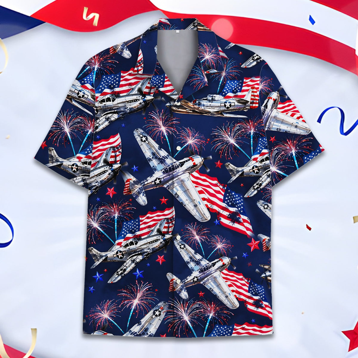 Front view of the aviation hawaiian shirt highlighting the vintage silver fighter planes