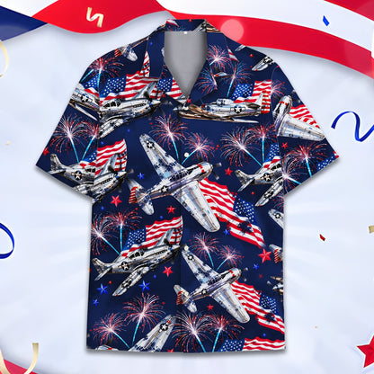 Front view of the aviation hawaiian shirt highlighting the vintage silver fighter planes