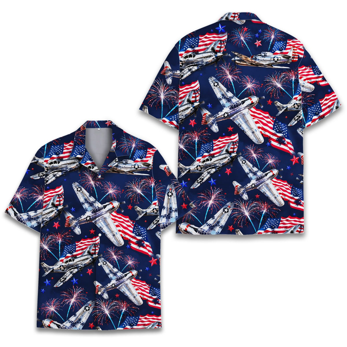 Front view of the fourth of july hawaiian shirt with American flags and fireworks