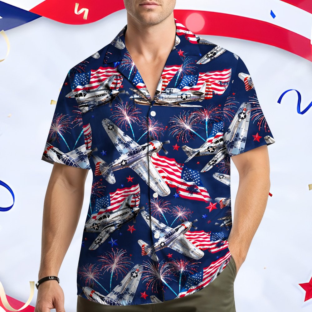 Front view of the patriotic aviation hawaiian shirt on a navy background