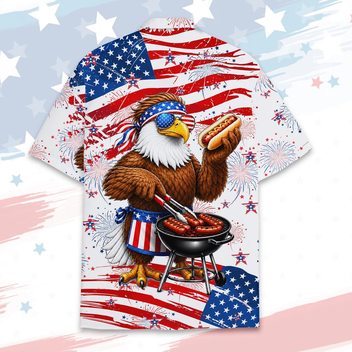 Alternate back view of the patriotic bald eagle grilling hawaiian shirt
