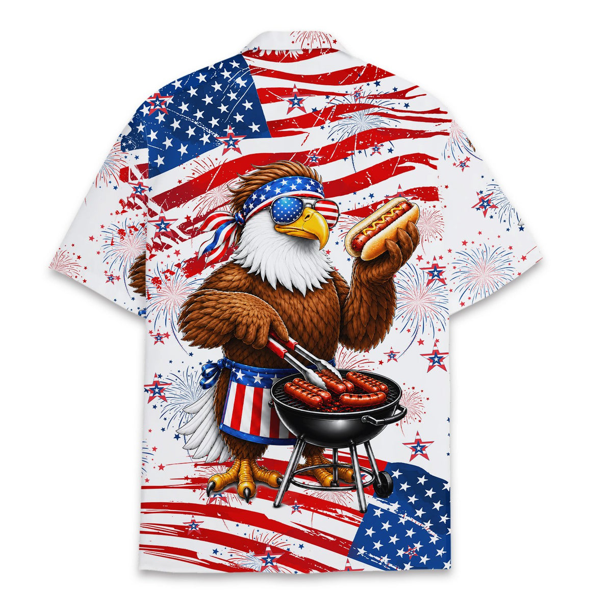Back view of the matching family hawaiian shirts with patriotic design