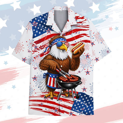 Patriotic bald eagle grilling hawaiian shirt, front view