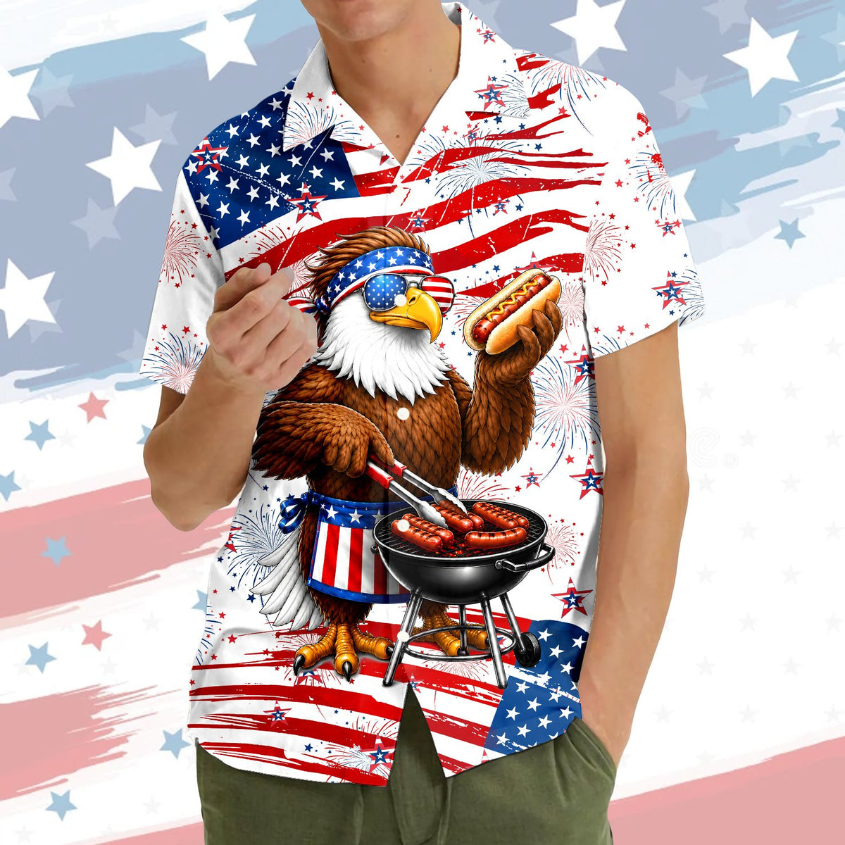 Fourth lifestyle view of the fourth of july hawaiian shirt