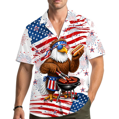 Lifestyle view of someone wearing the patriotic bald eagle grilling hawaiian shirt