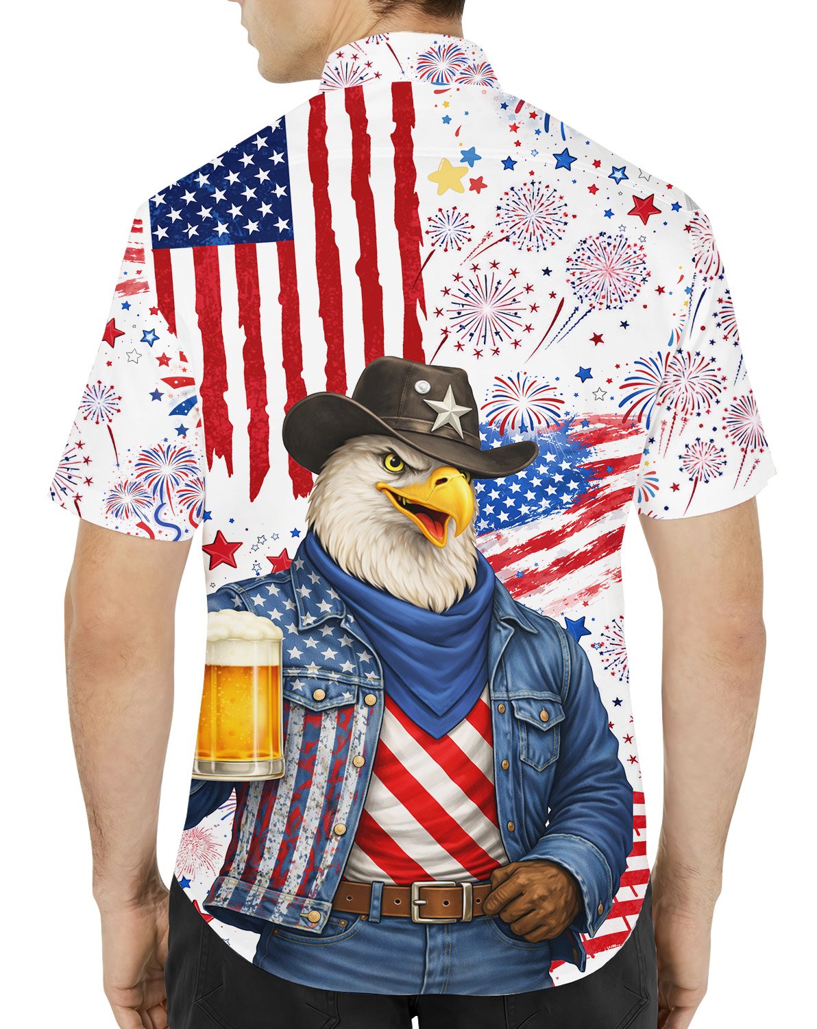 Back view of the patriotic bald eagle cowboy Hawaiian shirt.