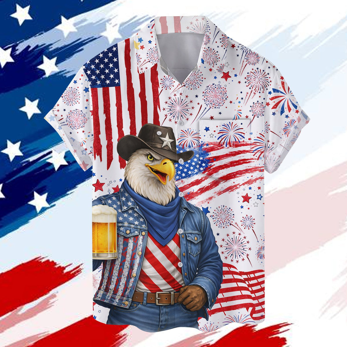 Alternate front view of the matching family Hawaiian shirt with eagle design.