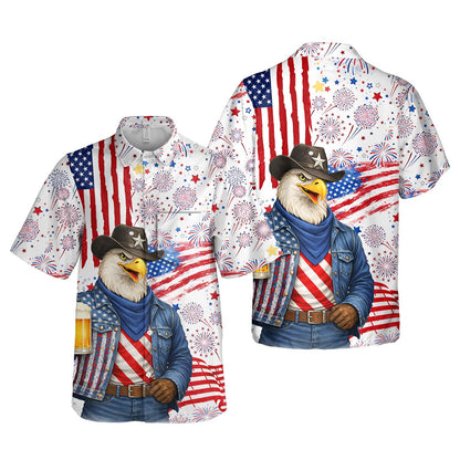 Close-up front view of the Fourth of July Hawaiian shirt.
