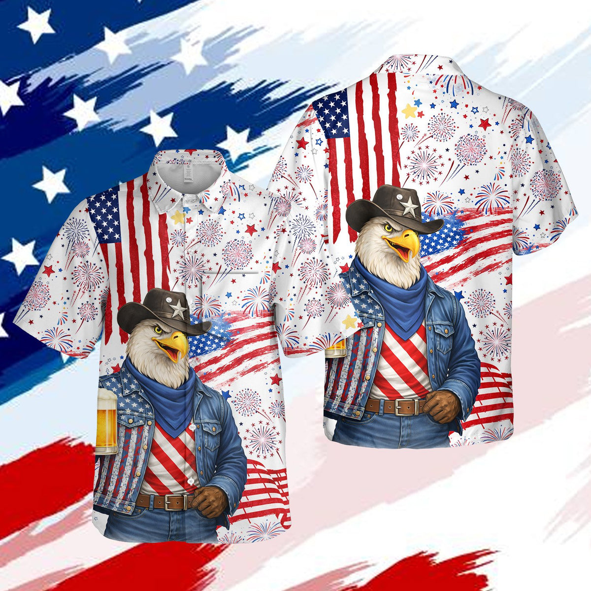 Main view of the patriotic / bald eagle hawaiian shirt featuring a cowboy eagle design.