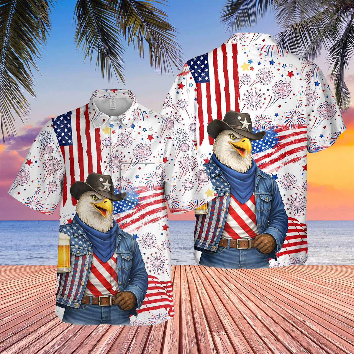 Lifestyle view of the patriotic Hawaiian shirt being worn.