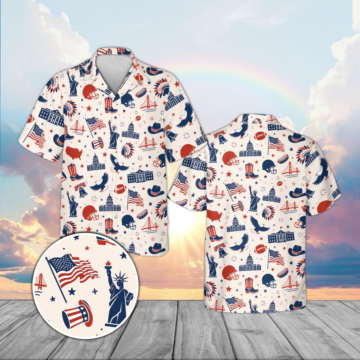 Beige patriotic hawaiian shirt with USA map and icons print, front view
