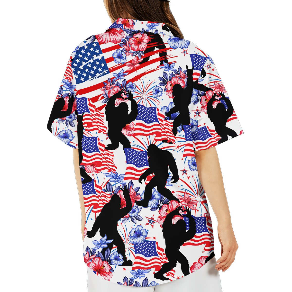Patriotic bigfoot hawaiian shirt featuring silhouettes and American flags, back view