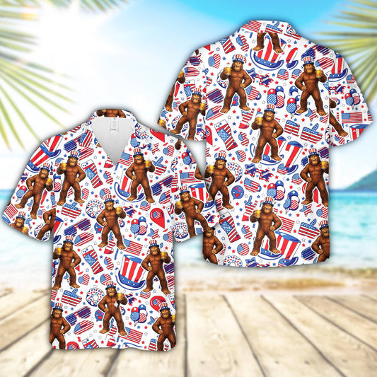 Patriotic bigfoot hawaiian shirt featuring an Uncle Sam hat and flags, main view