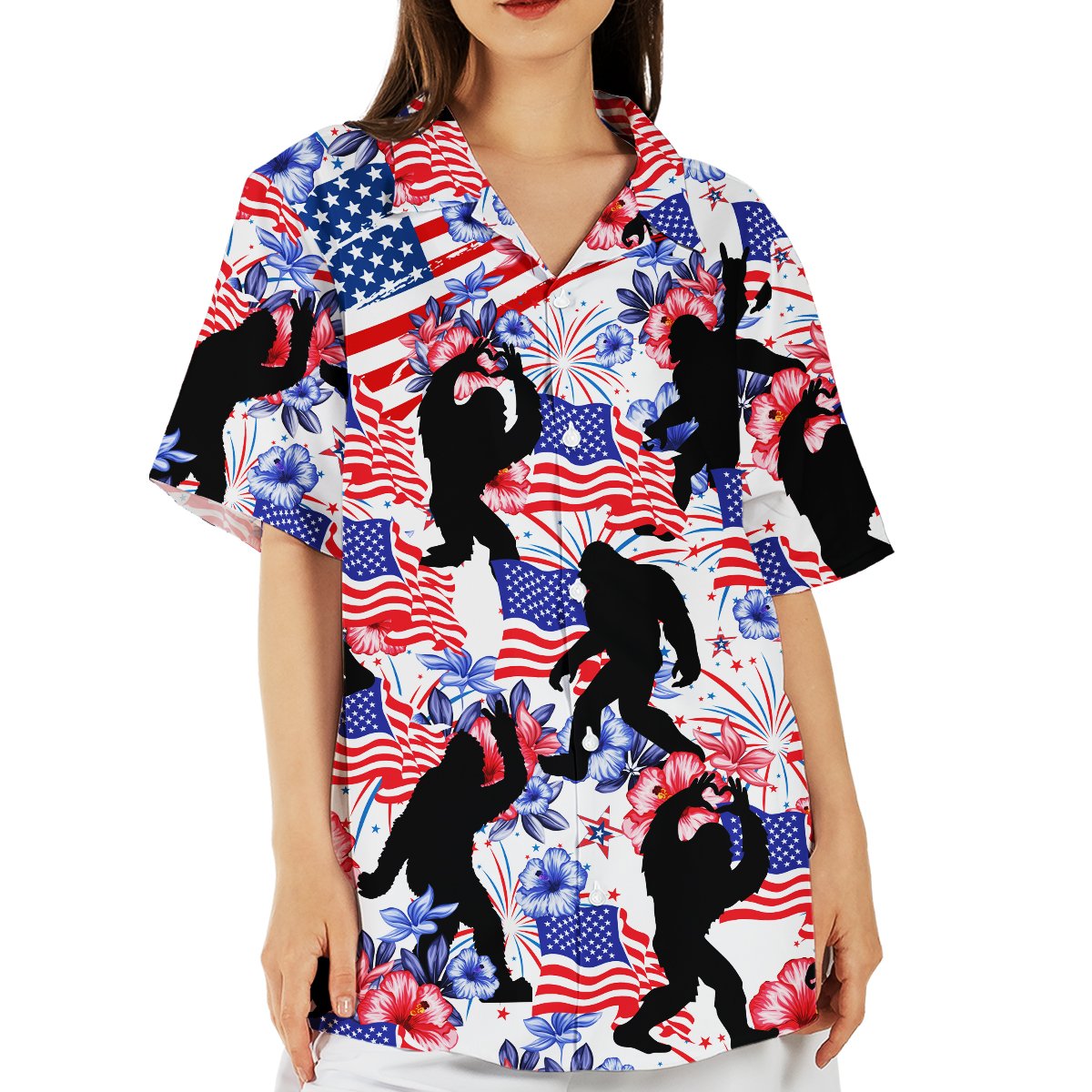 Patriotic bigfoot hawaiian shirt featuring silhouettes and American flags, front view