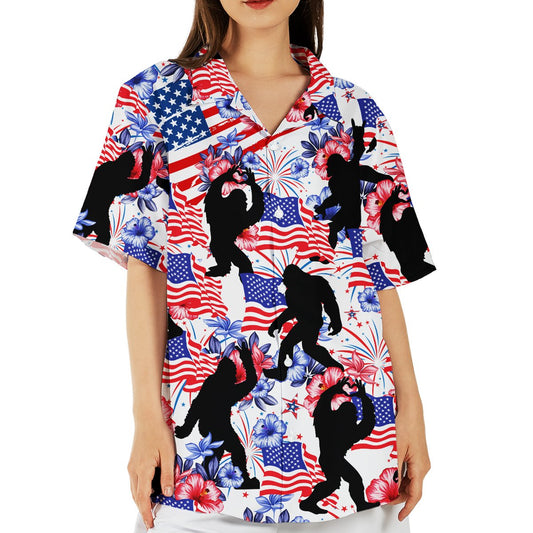 Patriotic bigfoot hawaiian shirt featuring silhouettes and American flags, front view