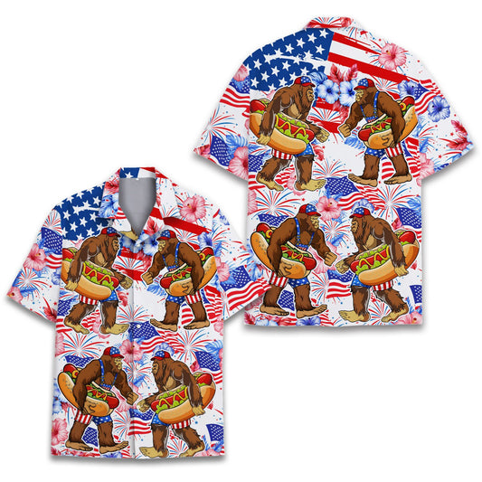 Matching family patriotic bigfoot hawaiian shirt on a white background